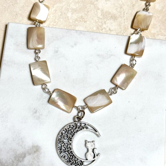 Rectangular Mother of Pearl Beaded Short Necklace + Cat on the Moon Pendant - Picture 7 of 14